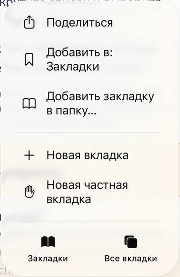 Меню Safari на iPhone: первый пункт — «Поделиться»